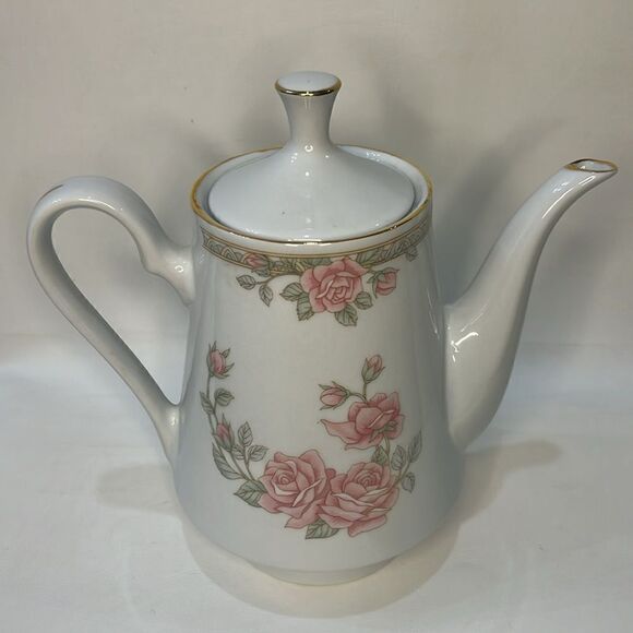 Crown Ming Fine China Jian Shiang Tea Coffee Pot Lid Rose Floral Gold 8 In Tall - Picture 2 of 11